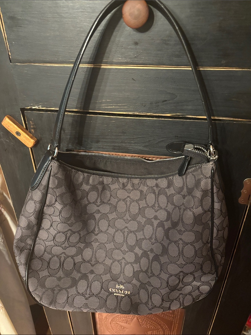 Coach Gray Signature Jacquard Shoulder Bag with Black Trim